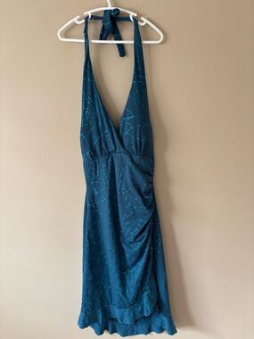 Teal Halter V-Neck Ruffle Hem Dress